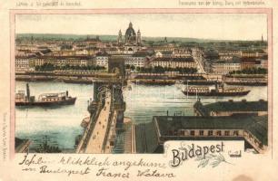 1901 Budapest I. Látkép a királyi vártól, Lánchíd, gőzhajók, Bazilika. Gustav Ertel, Art Nouveau, litho (EK)