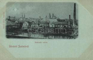 1899 Szatmárnémeti, Szatmár, Satu Mare; esti látkép gyárral. Reitzer János kiadása / night view with factory