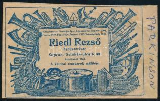 cca 1930 Sopron, Riedl Rezső hangszerkészítő dekoratív papírtasakja, 6,5×11 cm