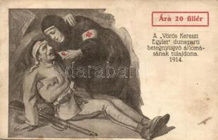 1914 Vöröskeresztes propaganda lap katonával és nővérrel. A Vörös Kereszt Egylet dunaparti betegnyugvó állomásának tulajdona / WWI Red Cross propaganda, nurse with soldier s: Földes (ázott / wet damage)