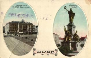 Arad, Színház épület az Aczél Péter utcával, Szabadság szobor / street view, theater, statue (fa)