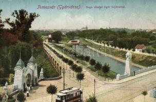 Temesvár, Timisoara; Gyárvárosi Bega részlet liget bejárattal, híd, villamos / riverbank, bridge, tram, park (Rb)