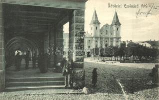 1906 Zsolna, Sillein, Zilina; tér, koldus, templom / square, beggar, church