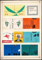 cca 1950 58 db nagyméretű japán gyufacímke, 7 db kartonlapra ragasztva