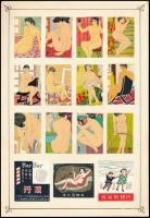 cca 1950 127 db japán gyufacímke, közte erotikusak is, 8 db kartonlapra ragasztva
