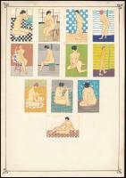 cca 1950 127 db japán gyufacímke, közte erotikusak is, 8 db kartonlapra ragasztva