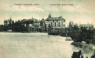 1908 Tátra, Tatry; Csorbató Újszálloda felől. Quirsfeld János bazár kiadása / Strbské pleso / lake with hotels