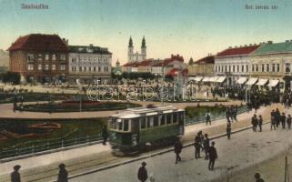 Szabadka, Subotica; Szent István tér, villamos, piac, üzletek / square, market, tram, shops
