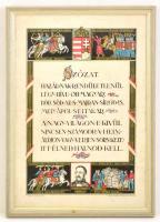 cca 1925 Szózat - hazafias emléklap címerrel és dekoratív illusztrációkkal, irredenta motívumokkal, középen hajtásnyom, üvegezett keretben, 43×29 cm