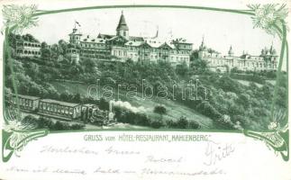 1904 Vienna, Wien XIX. Kahlenberg, Gruss vom Hotel-Restaurant Kahlenberg / cogwheel railway with locomotive, restaurants advertisement. Art Nouveau, floral