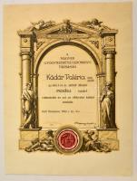 1929 Bp., A Magyar Gyógyszertudományi Társaság dekoratív oklevele a társaság pecsétjével, Kövér Gyula grafikája, szép állapotban