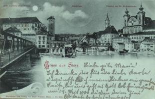 1899 Steyr, Steyrbrücke, Pfarrhof und St. Michaelskirche / bridge, church. night
