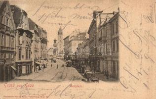 1903 Graz, Murplatz / square, horse-drawn tram, shops