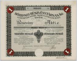 Győr 1926. Bőripari Részvénytársaság névre szóló részvény 15P értékben, szelvényekkel, szárazpecséttel T:I-