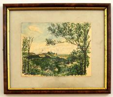Nagy jelzéssel: Kilátás a falura. Akvarell, papír, üvegezett keretben, 12×16 cm