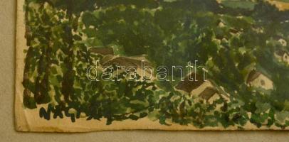 Nagy jelzéssel: Kilátás a falura. Akvarell, papír, üvegezett keretben, 12×16 cm