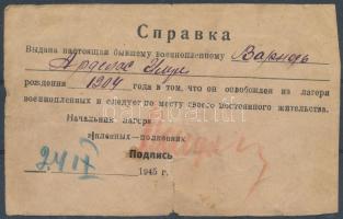 1945 Orosz szabaduló igazolvány / Russian POW freeing document