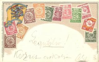 Chinese set of stamps and flag. Carte philatélique Ottmar Zieher No. 20. Emb. litho