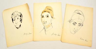Szalay jelzéssel: Női portrék ( 3 db). Tus, papír, 29×20 cm (3 ×)