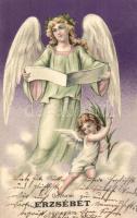 1906 Üdvözlet Erzsébet névnapjára / Nameday greeting postcard, angel, litho Emb.