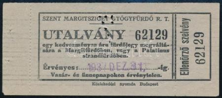 1937 Szent Margitsziget Gyógyfürdő Rt. utalvány