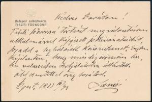 1923 Bp., Budapest székesfőváros tiszti főorvosának köszönő sorai kinevezése alkalmából, címeres kártyáján