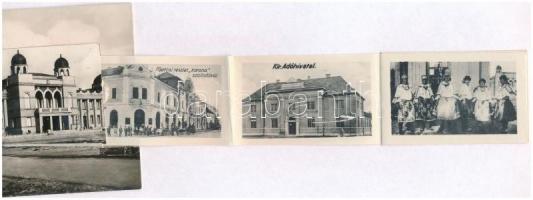 Mohács, zsinagóga; leporellólap, belül: M. kir. állami polgári iskola, Fő utca, Korona szálloda, Kir...