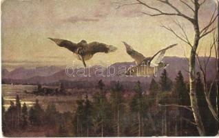 5 db régi vadászos művészlap / 5 pre-1945 hunting, hunter art postcards