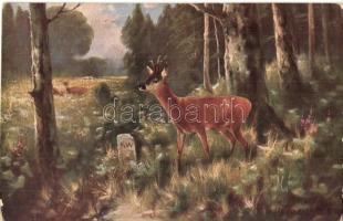 5 db régi vadászos művészlap / 5 pre-1945 hunting, hunter art postcards