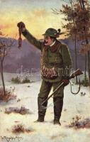 5 db régi vadászos művészlap / 5 pre-1945 hunting, hunter art postcards