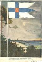 WWII Finnish military art postcard with flag, aircrafts and warships. Kenttäpostia (EM)