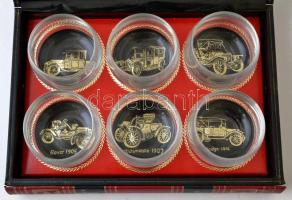 Veteran Cars whiskys poharak (6db) és alátétek, könyvnek álcázott dobozban, kis hibákkal, 26×18 cm