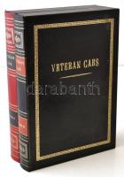 Veteran Cars whiskys poharak (6db) és alátétek, könyvnek álcázott dobozban, kis hibákkal, 26×18 cm