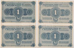 Németország / Weimari Köztársaság / Hannover 1923. 1.000.000M, Ba 6 jegyű sorszámmal (2x) és Ba 7 jegyű sorszámmal (2x) T:II-,III  Germany / Weimar Republic / Hannover 1923. 1.000.000 Mark, Ba with 6 digit serial (2x) and Ba with 7 digit serial (2x) C:VF,F
