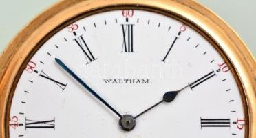 Waltham aranyozott zsebóra, duplafedeles, másodpercmutatóval, működik, hiányzó üveglappal, kopásnyom...
