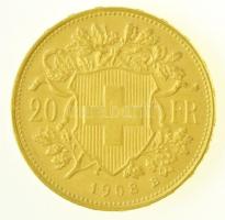 Svájc 1908B 20Fr Au (6,45g/0.900) T:1- kis ph. 
 Switzerland 1908B 20 Francs (6,45g/0.900) C:AU sma...