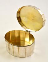 Art-deco alpakka cukordoboz, belül aranyozott, jelzés nélkül, bakelit fogóval, 13×10 cm