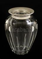 Ezüst (Ag.) nyakú ólomkristály váza, metszett, jelzett, hibátlan, m: 16 cm