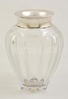 Ezüst (Ag.) nyakú ólomkristály váza, metszett, jelzett, hibátlan, m: 11 cm