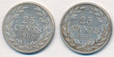 Libéria 1960-1961. 25c Ag (2xklf) T:2,2-
Liberia 1960-1961. 25 Cents Ag (2xdiff) C:XF,VF