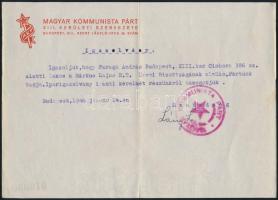 1946 Magyar Kommunista Párt XIII. kerültei szervezetének igazoló irata, pecséttel, aláírással