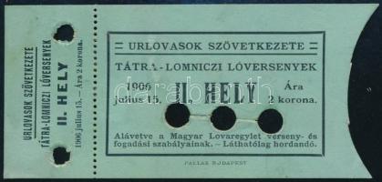 1906 Urlovasok Szövetkezete tátralomnici lóverseny, helyjegy, 5x11 cm