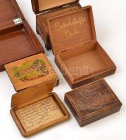 6 db régi fadoboz, közte koronás nemzeti kiscímeres fadobozka, mecseki emlékes feliratos dobozka (sé...