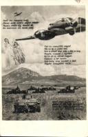 1942 Második világháborús romantikus katonai montázslap repülőgépekkel és tankokkal / WWII Hungarian romanctic military montage postcard with aircrafts and tanks (fa)