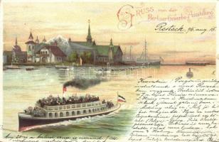 1896 Berlin, Berliner Gewerbe-Ausstellung / Great Industrial Exposition of Berlin, steamship. litho advertisement card (apró szakadás / tiny tear)