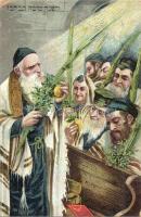 Jewish greeting art postcard with rabbi. Hebrew text litho (EB)