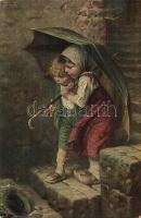 2 db RÉGI művészlap esernyővel / 2 pre-1945 art postcards with umbrellas