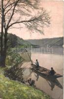 2 db RÉGI horgászos művészlap / 2 pre-1945 art postcards with fishermen