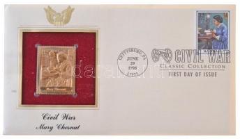 Amerikai Egyesült Államok 1995. Mary Chesnut aranyozott bélyegérem, borítékban, bélyegzéssel T:1  USA 1995. Mary Chesnut gold plated stamp-shaped commemorative medallion in envelope, with stamp, cancellation C:UNC