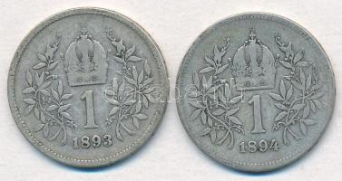 Ausztria 1893-1894. 1K Ag "Ferenc József" (2xklf) T:2-,3 Austria 1893-1894. 1 Corona Ag &q...